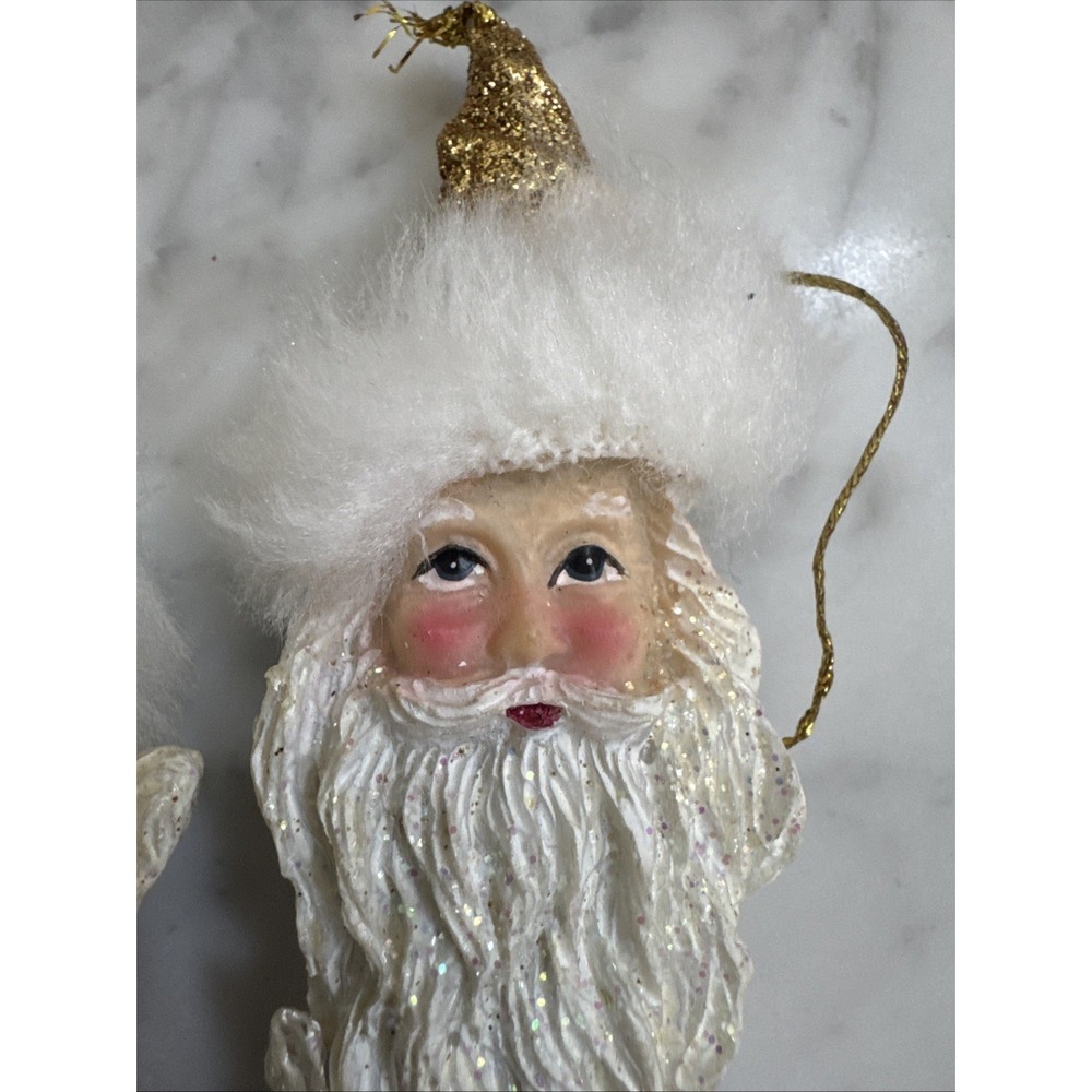 White Glitter Santa Claus Icicle Ornaments Gold Accents Faux Fur Trim Set of 2 - Picture 3 of 8